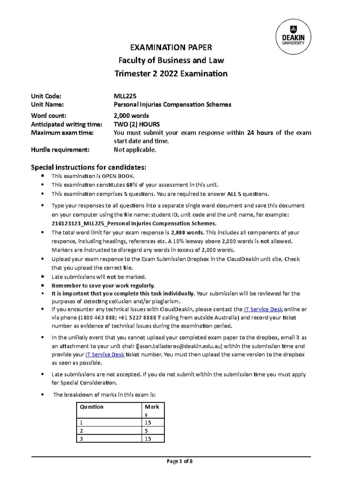 T2 2022 MLL225 Exam - EXAMINATION PAPER Faculty of Business and Law ...