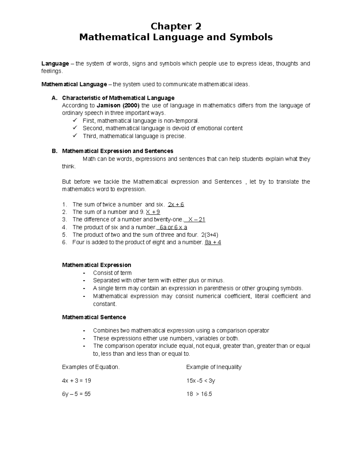 Chapter 2 Mathematical Language And Symbols Chapter 2 Mathematical