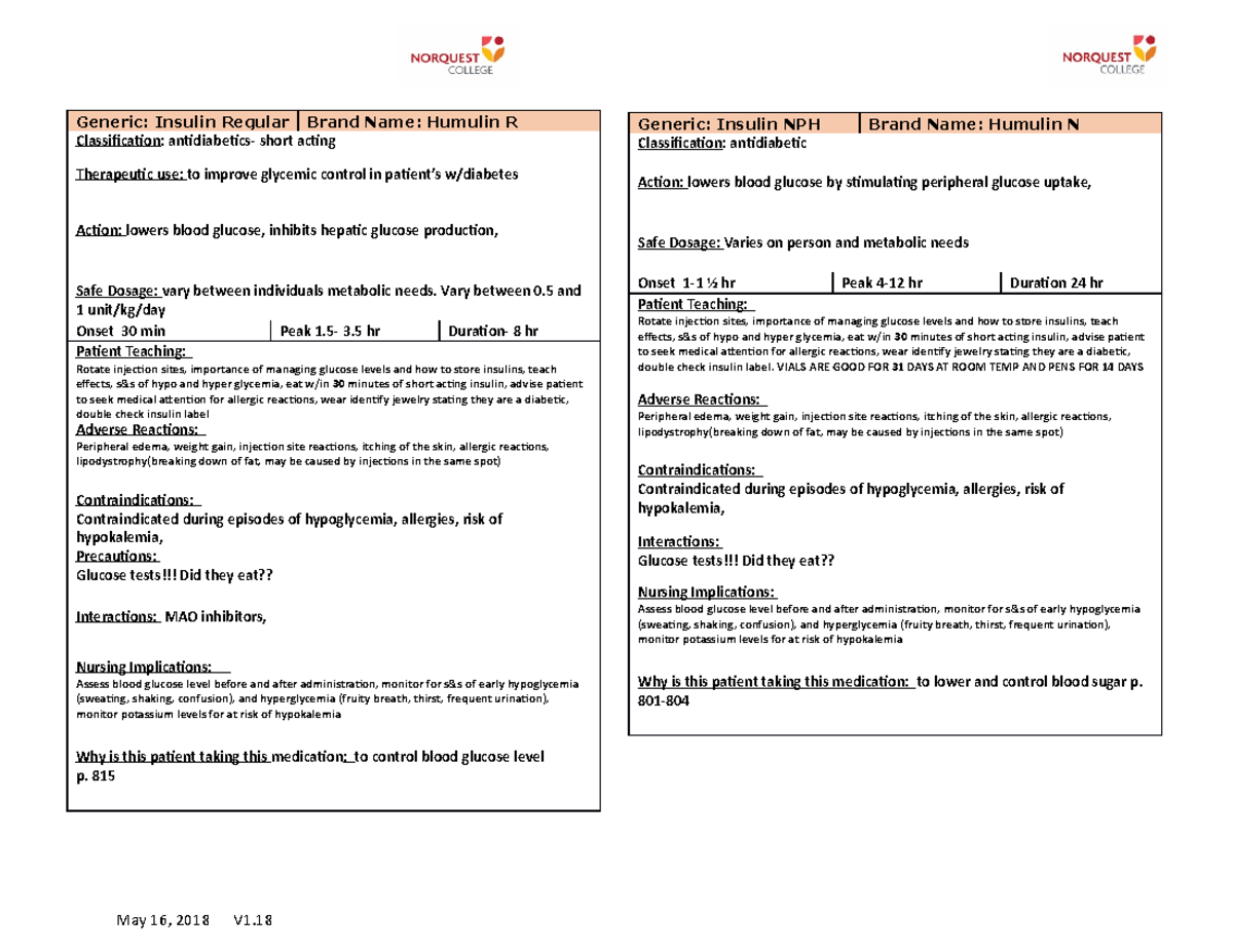 Insulin - med card - May 16, 2018 V1. Generic: Insulin Regular Brand ...