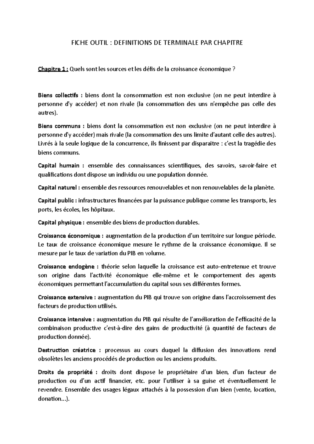 Fiche Outil Définitions Terminale FICHE OUTIL DEFINITIONS DE
