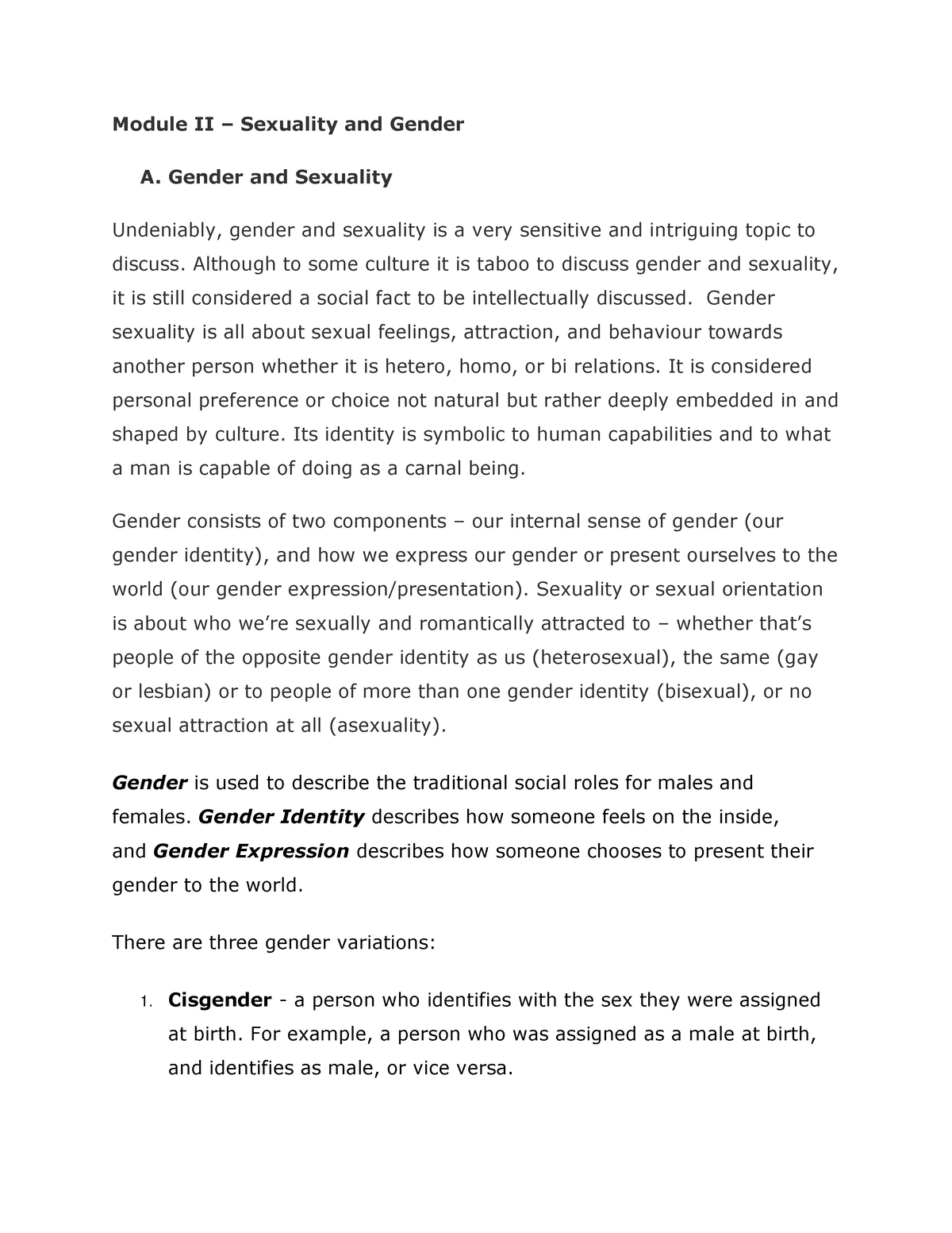 CESS 3 - Module II - Module II – Sexuality And Gender A. Gender And ...