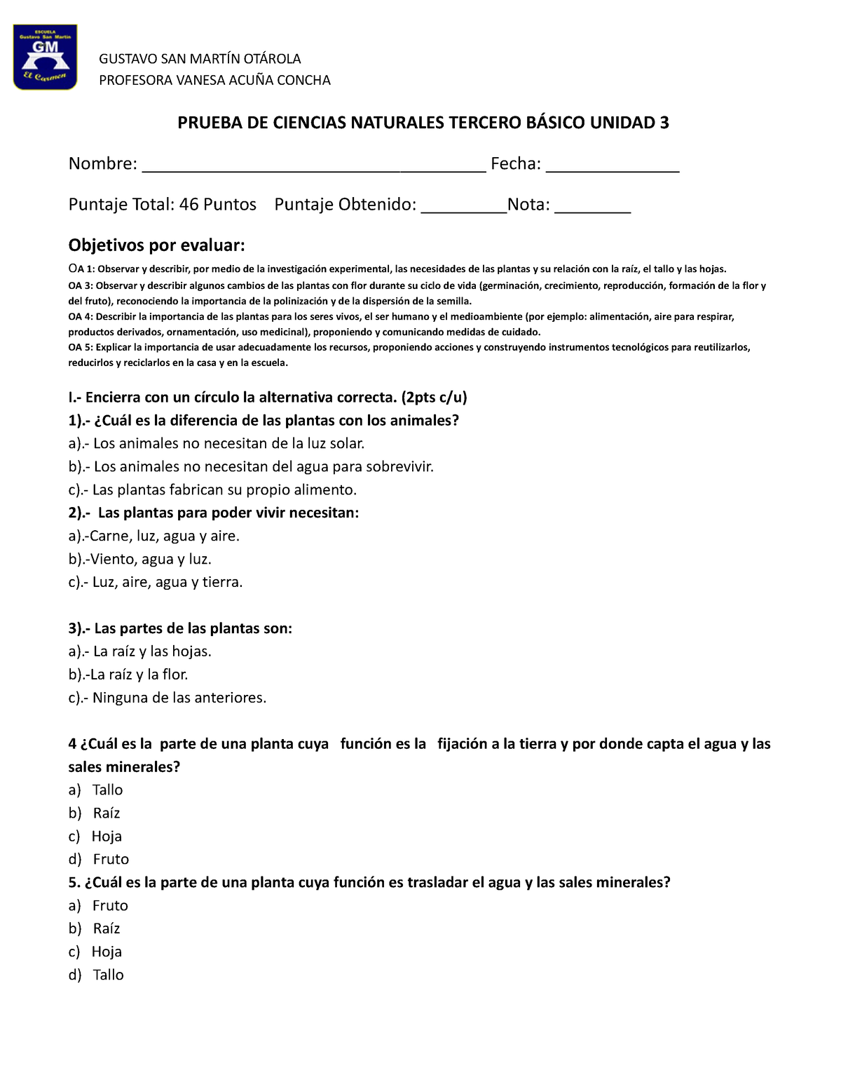 Prueba Ciencias Naturales 3° Basico Unidad 3 Plantas - PROFESORA VANESA ...