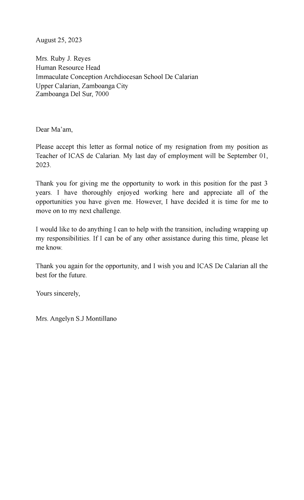 Seek Free Resignation Letter Template - August 25, 2023 Mrs. Ruby J 