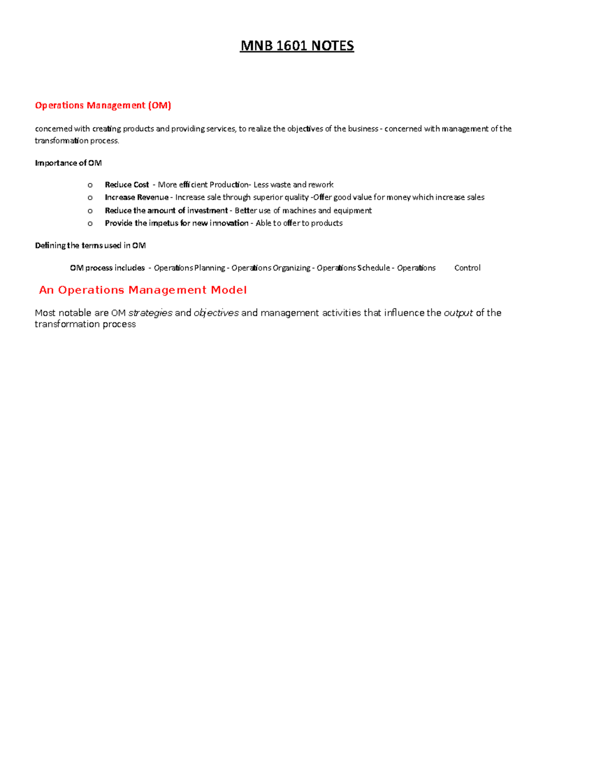 MNB 1601 Notes - mnb 1601 - MNB 1601 NOTES Operations Management (OM ...