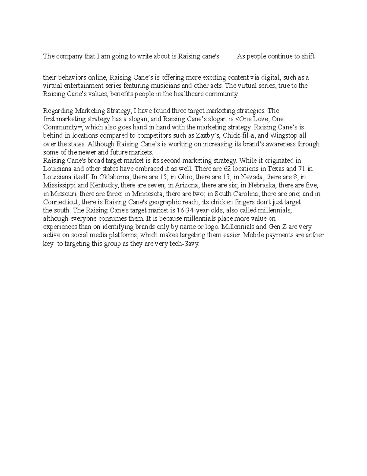 Raising cane's this paper is about Raisien canines MKT 265 SNHU