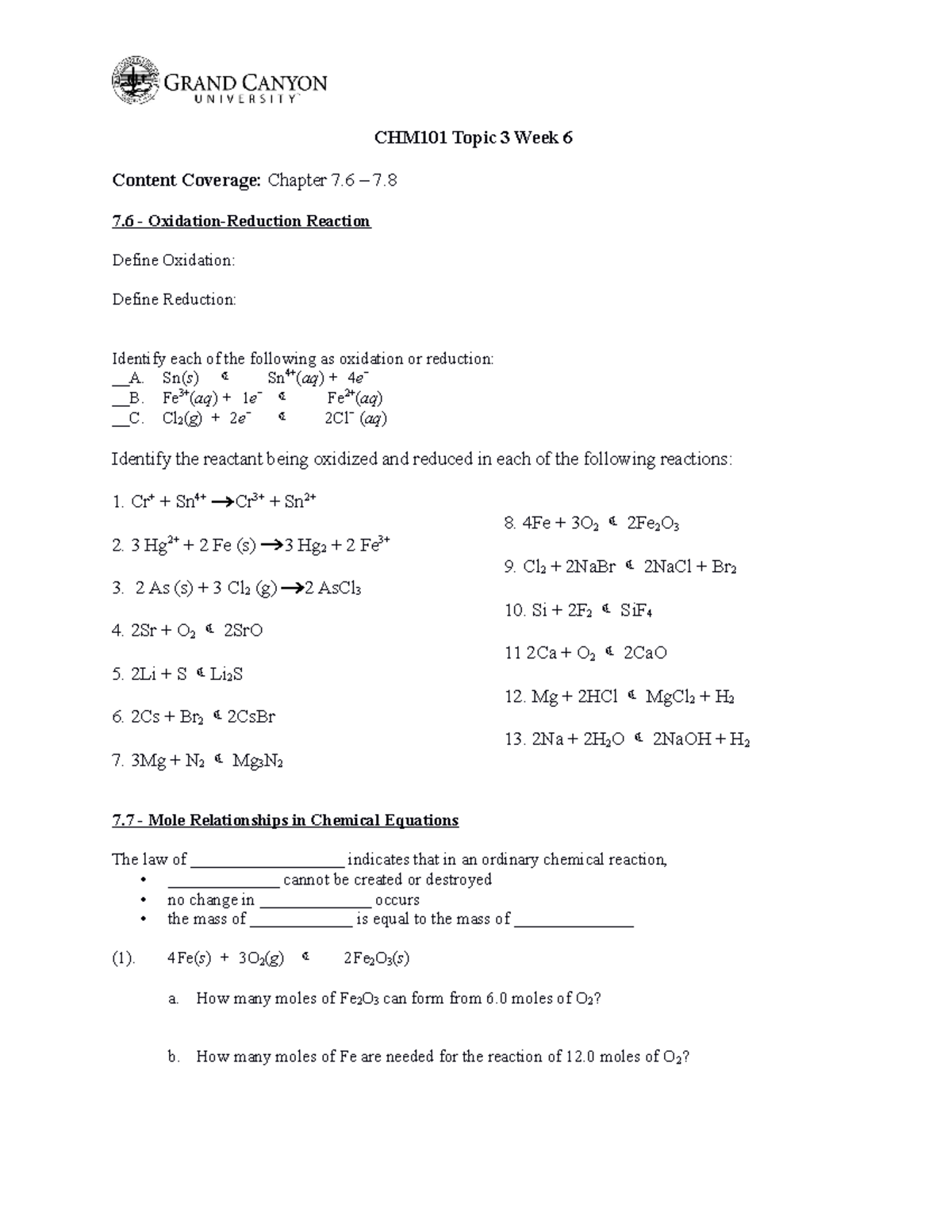 CHM 101 T3 W6 Student lecture and activity guide - CHM101 Topic 3 Week ...