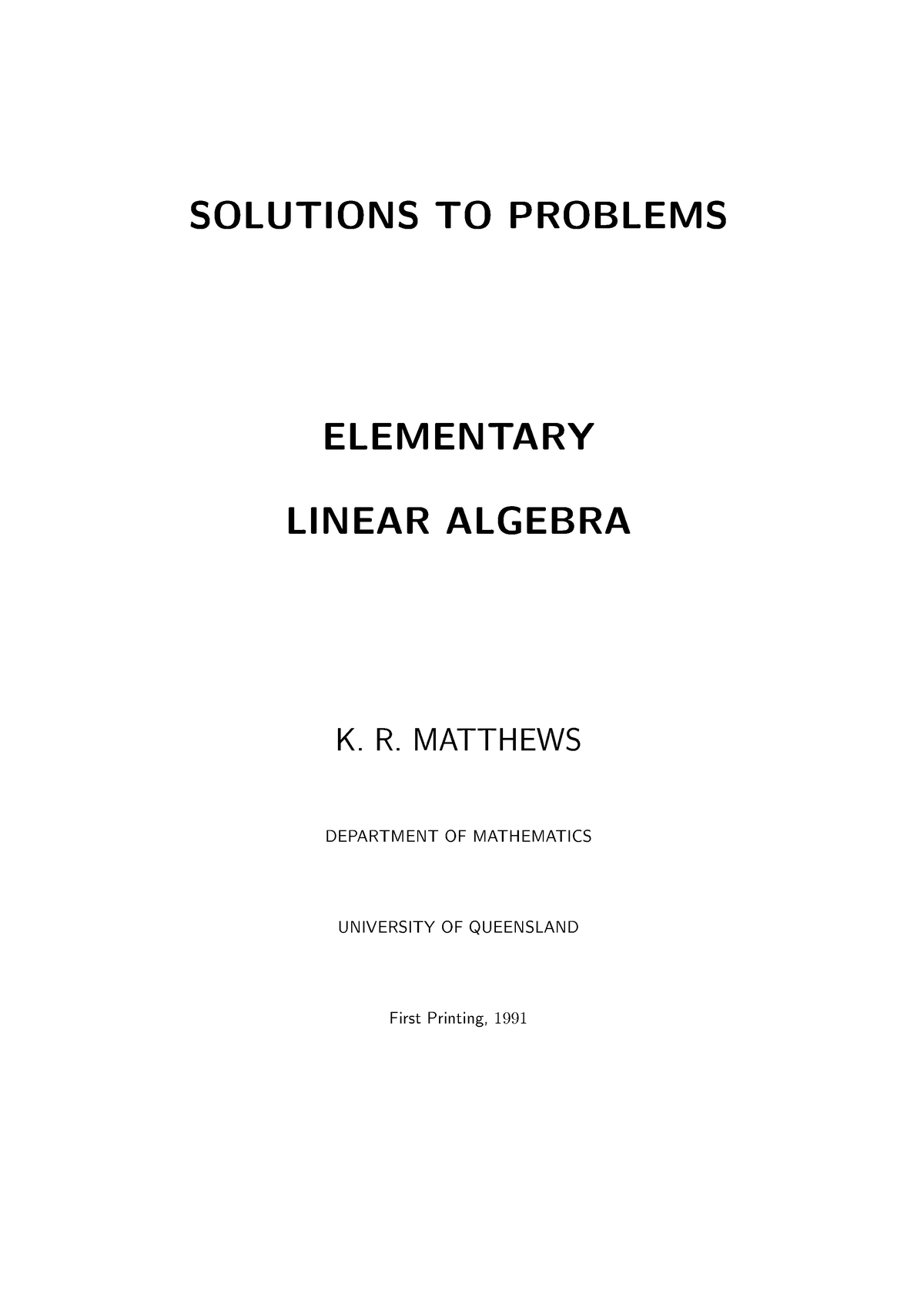 Solutions Linear Algebrba - SOLUTIONS TO PROBLEMS ELEMENTARY LINEAR ...