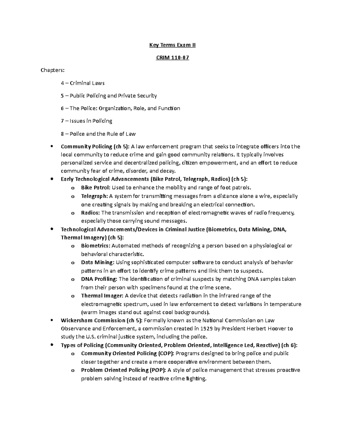 Exam 2 Study Guide - Key Terms Exam II CRIM Chapters: 4 Criminal Laws 5 ...
