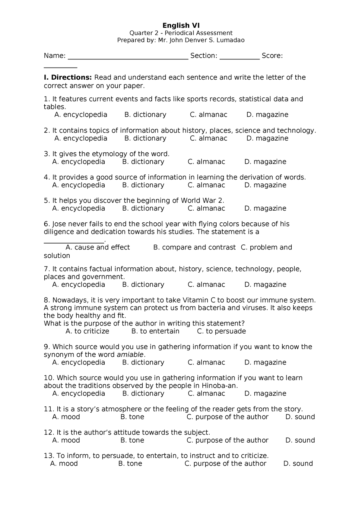 English Second Periodical Test Final - English VI Quarter 2 ...