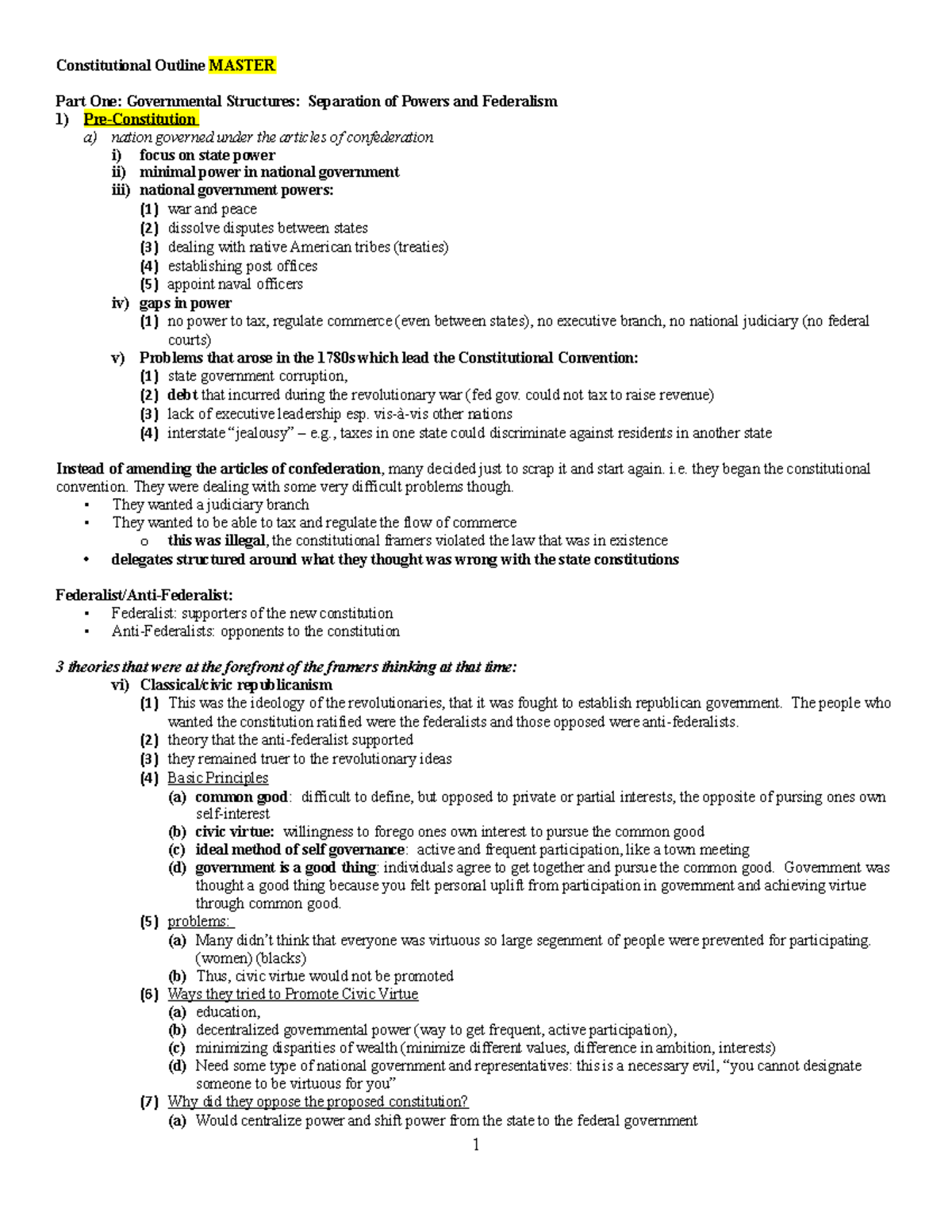 Outline notes for Con Law I - Constitutional Outline MASTER Part One ...