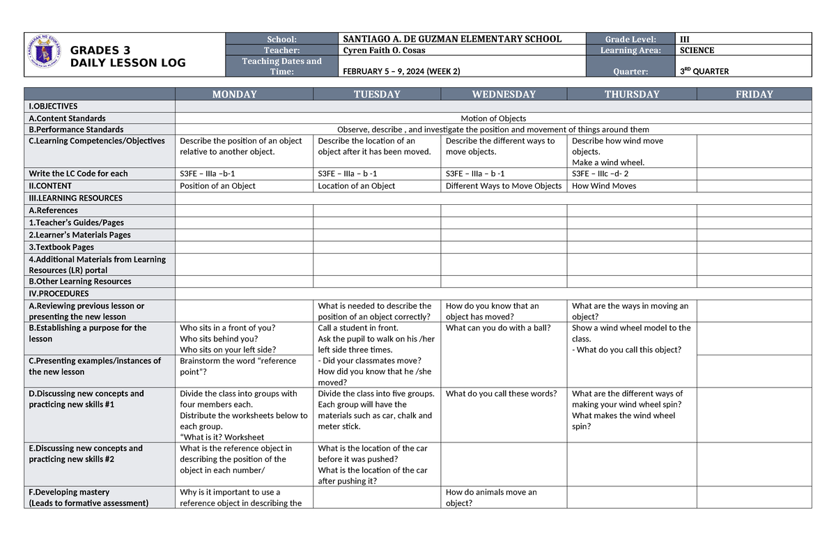 DLL Science 3 Q3 W2 - GRADES 3 DAILY LESSON LOG School: SANTIAGO A. DE ...