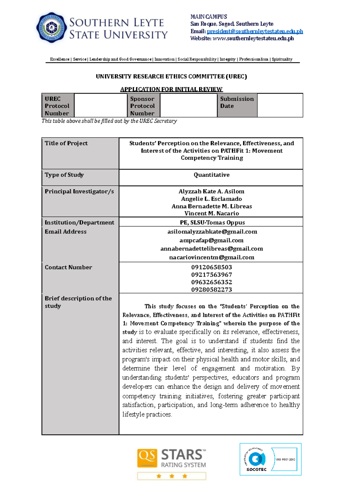 Application FOR Initial Review - UNIVERSITY RESEARCH ETHICS COMMITTEE ...