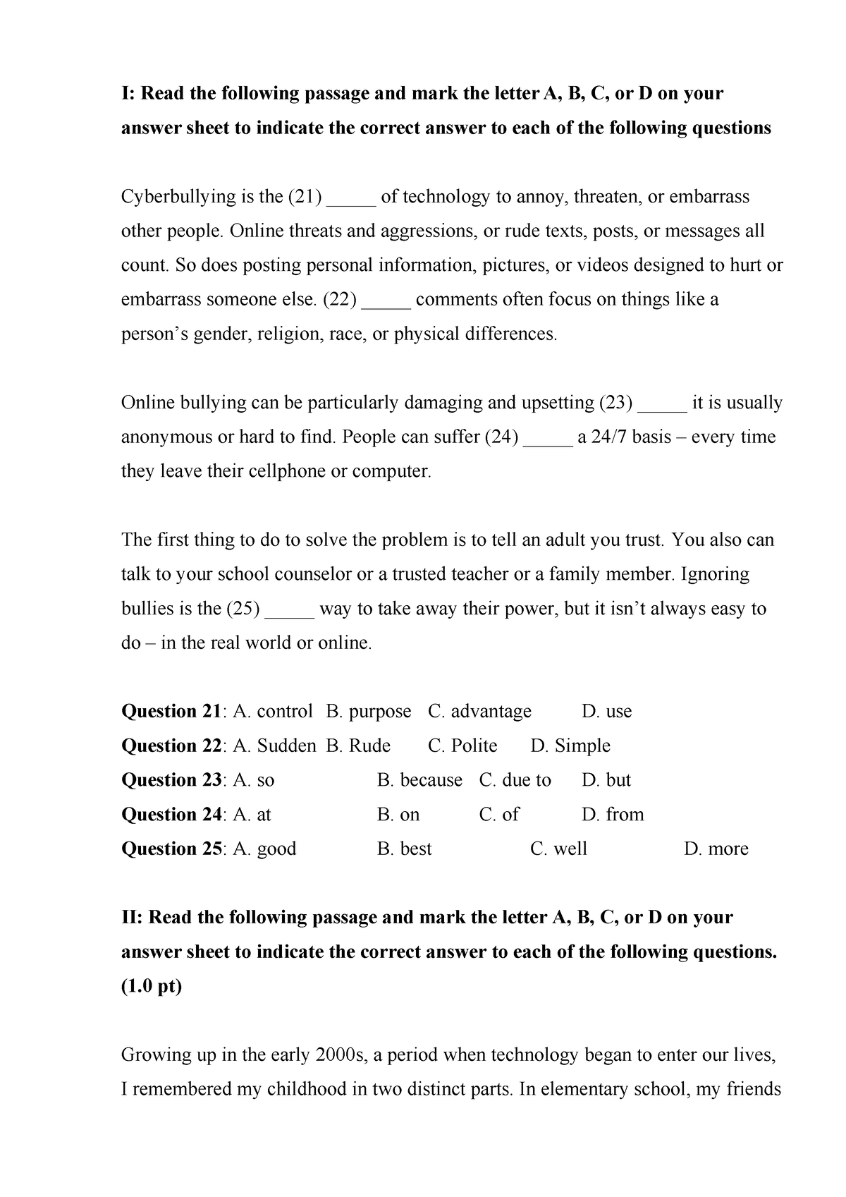 Học Tập Tiếng Anh - I: Read The Following Passage And Mark The Letter A ...