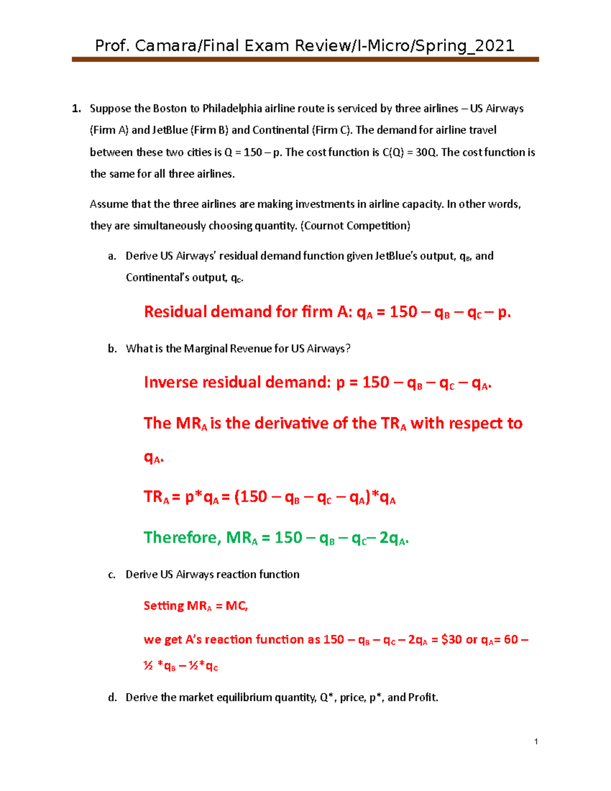 Final Exam Review Questions Answers I-Micro - ECO 20250 - CCNY - Studocu