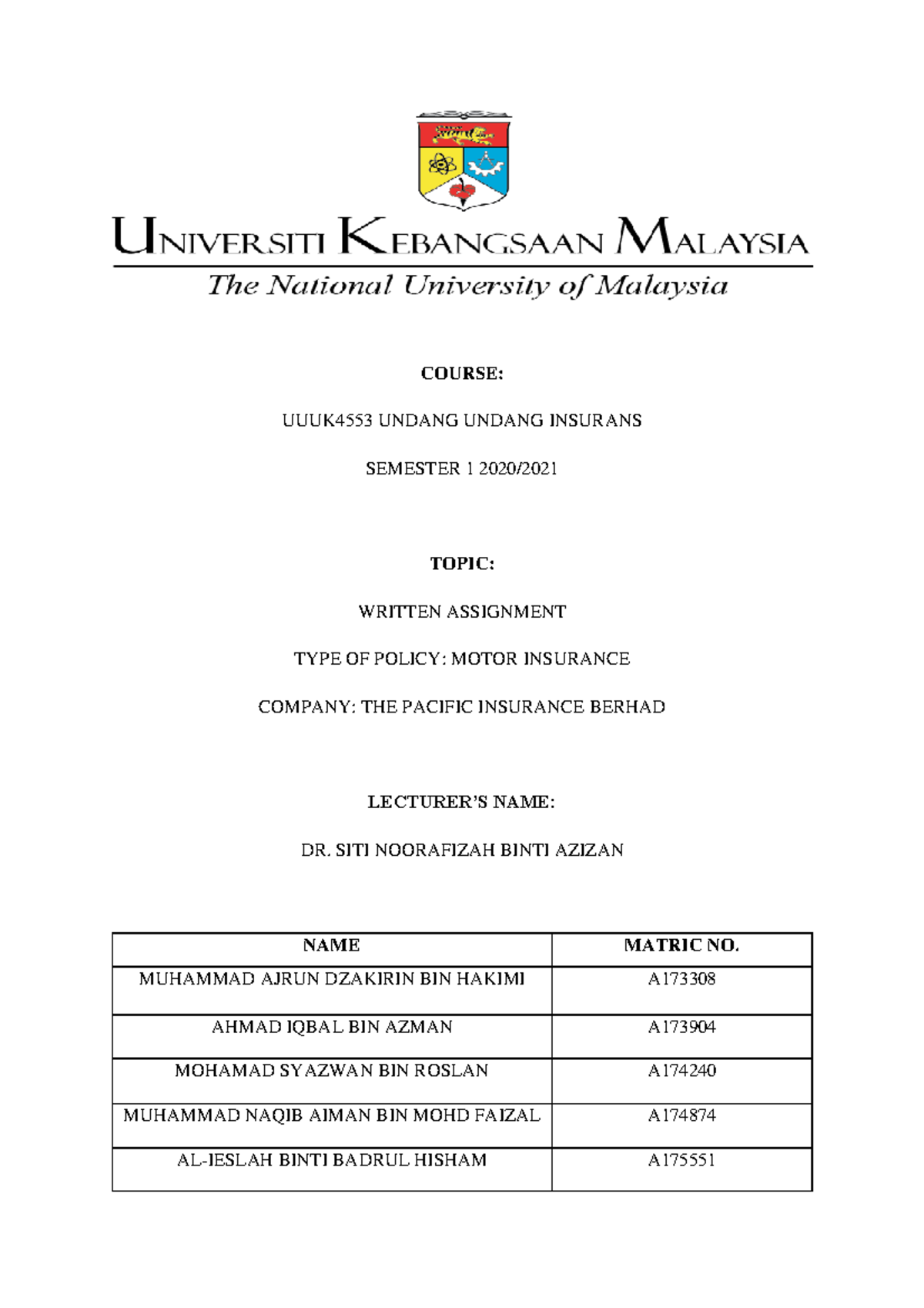 Insurance Law- Motor Insurance - COURSE: UUUK4553 UNDANG UNDANG ...
