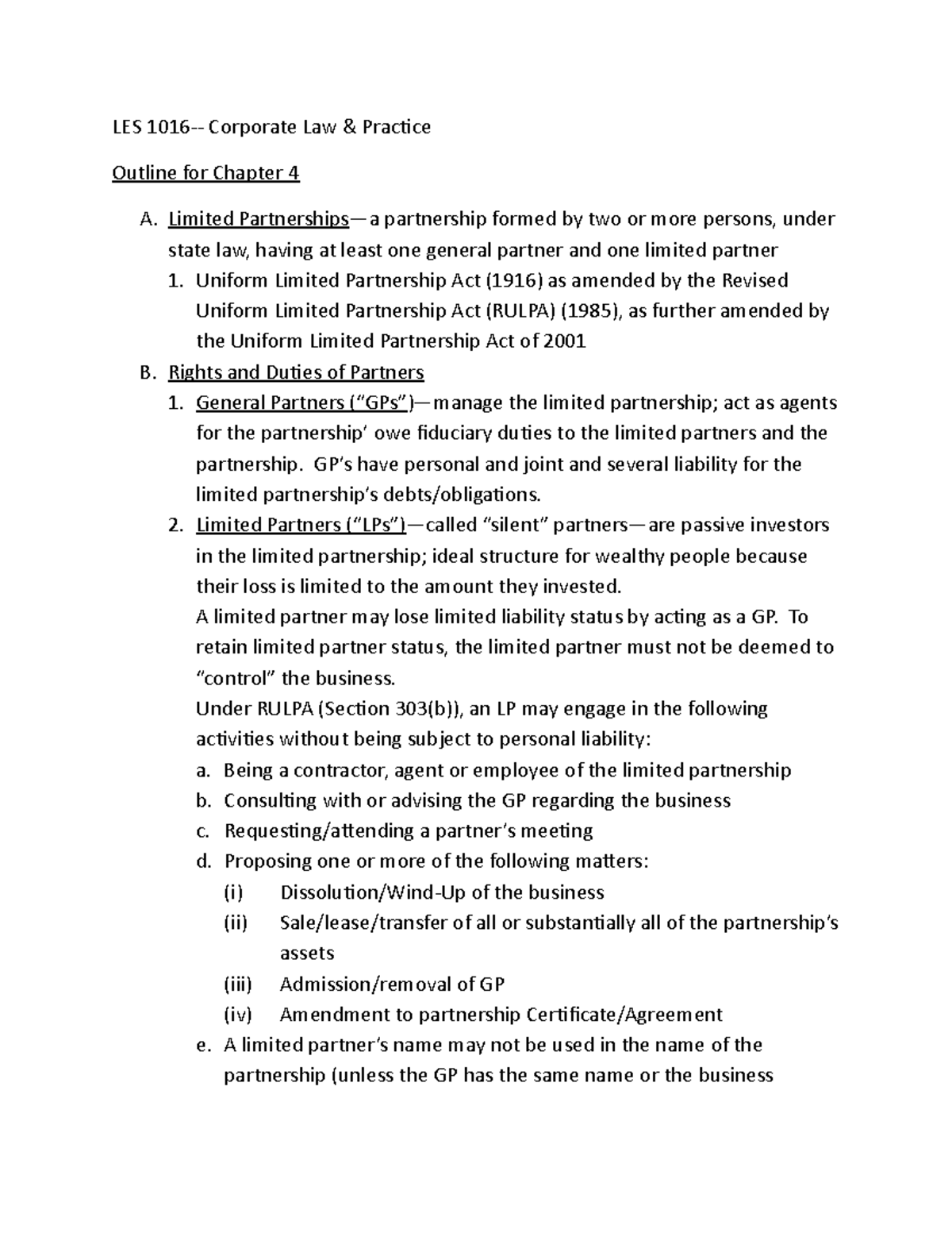 Corporate Law OutlineChapter 4 LES 1016 Corporate Law & Practice