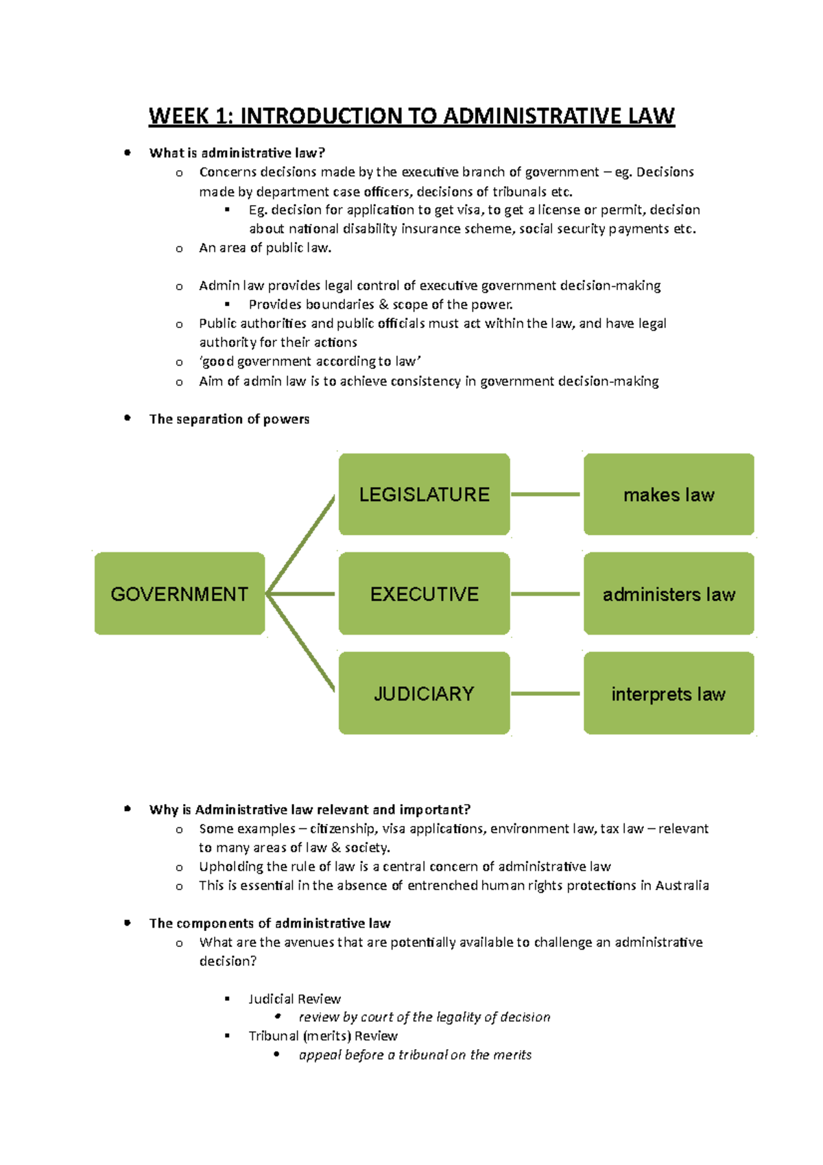 Study Notes WEEK 1 INTRODUCTION TO ADMINISTRATIVE LAW What is