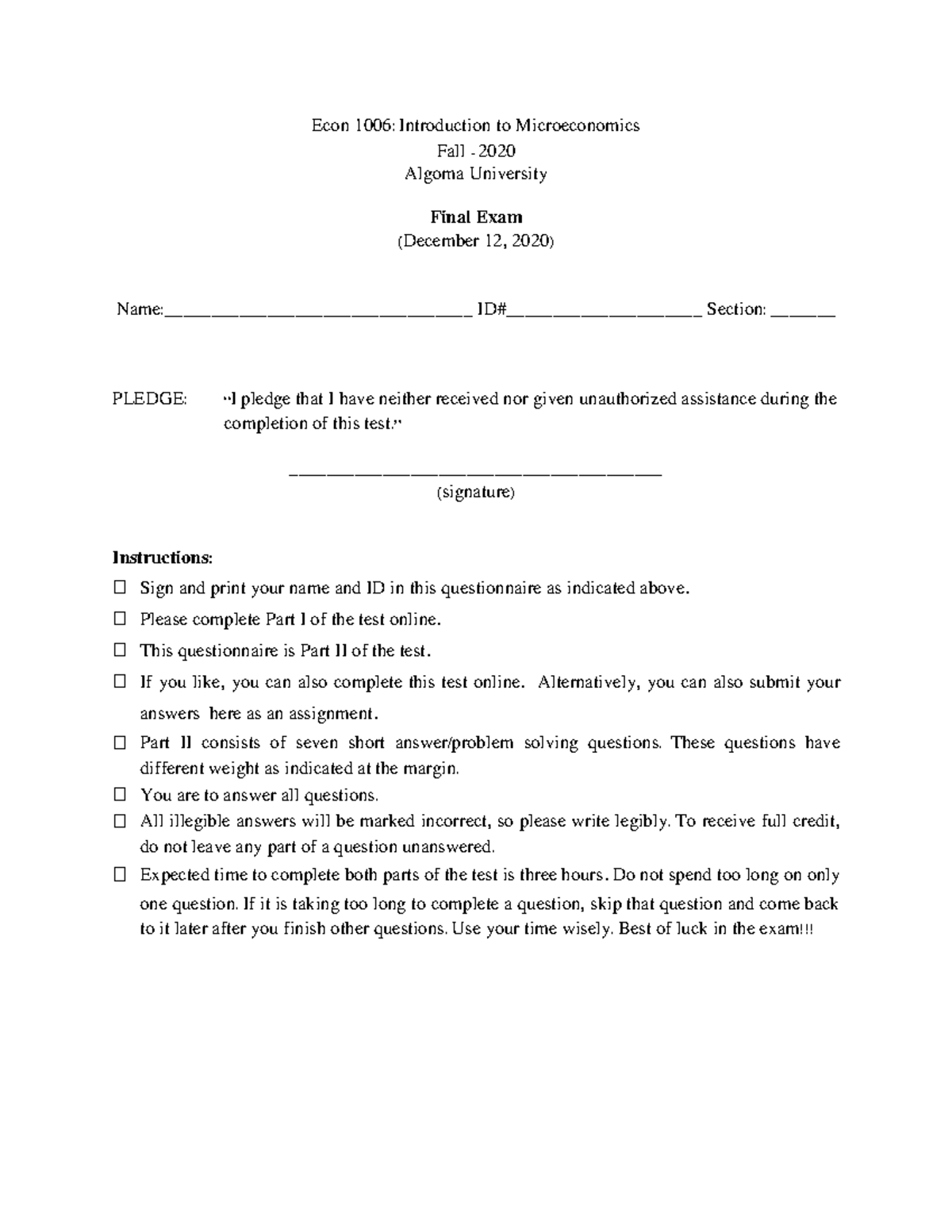 ECON1006 - Final Exam - Fall 2020 - Part II - Econ 1006: Introduction ...