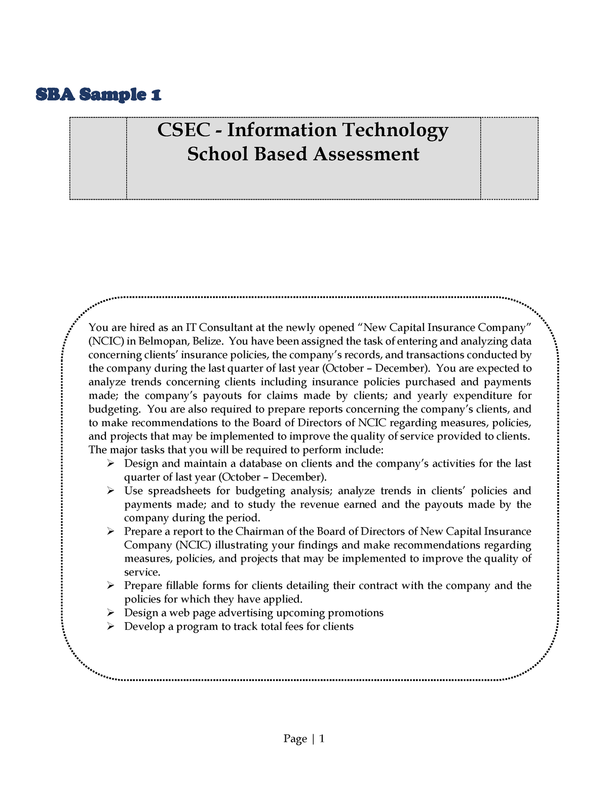 SBA 2020 Assignments Tutor SBA Sample 1 CSEC Information