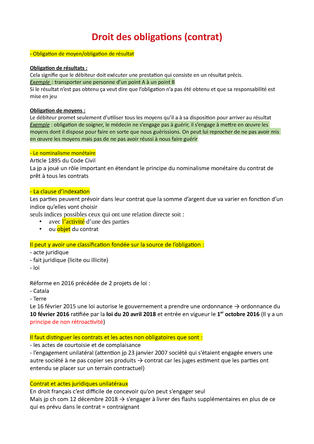 Fiche Droit Des Contrats Droit Des Obligations Contrat Obligation De Moyen Obligation De