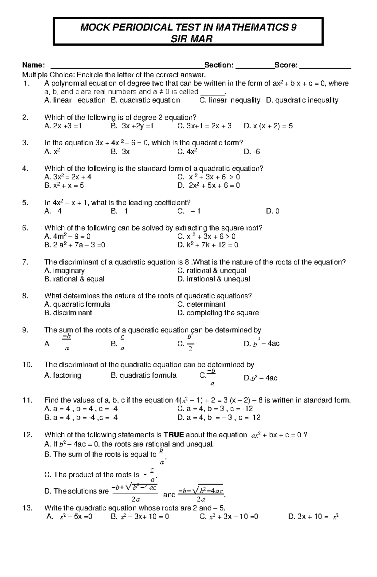 MOCK TEST Grade 9 - MOCK - a Name: Section: Score: Multiple Choice ...