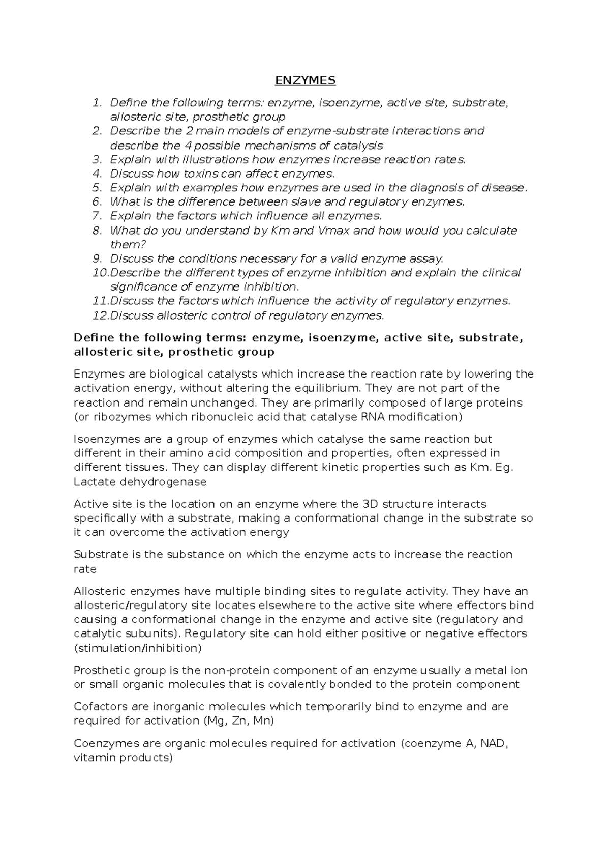 VET272 Enzymes summary of enzyme lectures for exam revision ENZYMES