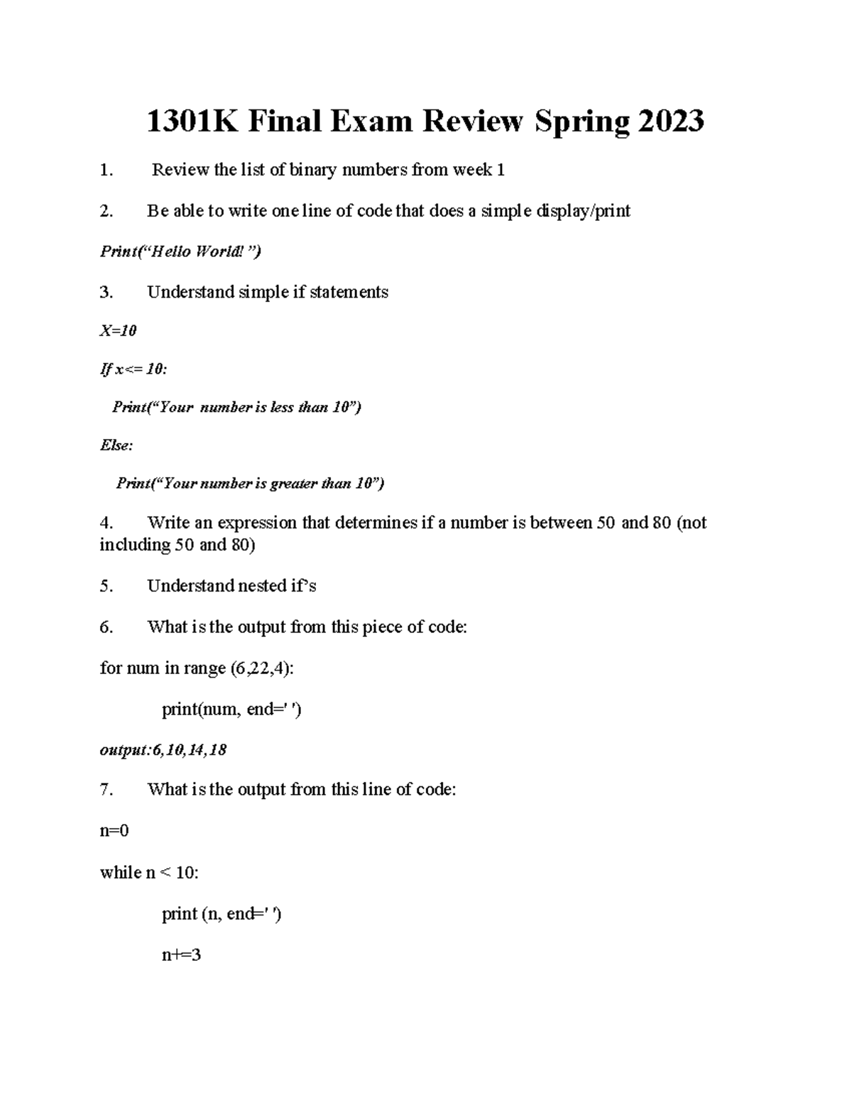 1301K Final Exam Review Spring 2023 - Review the list of binary numbers ...