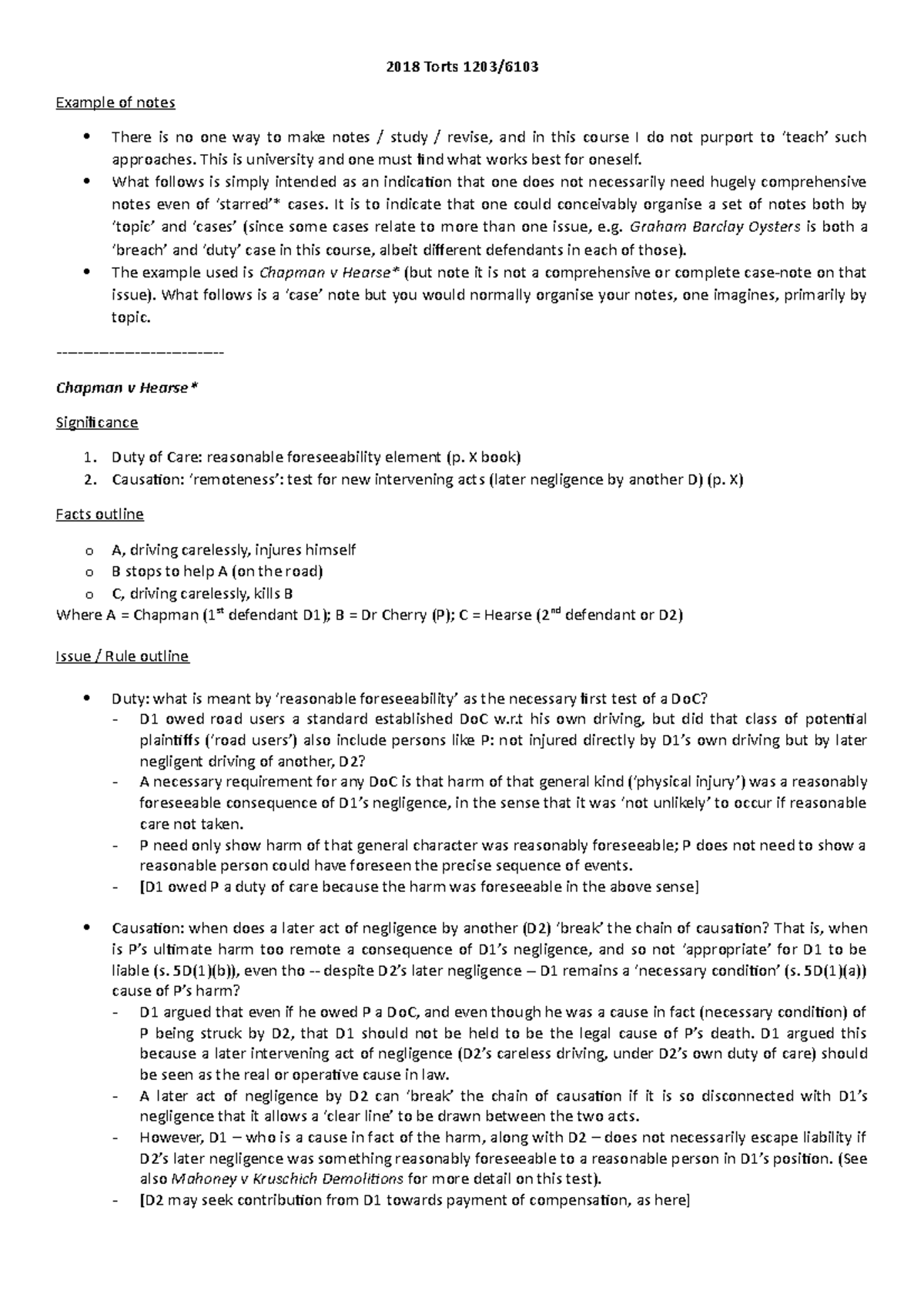 2018 Notes example - Guide on how to make note - 2018 Torts Example of ...