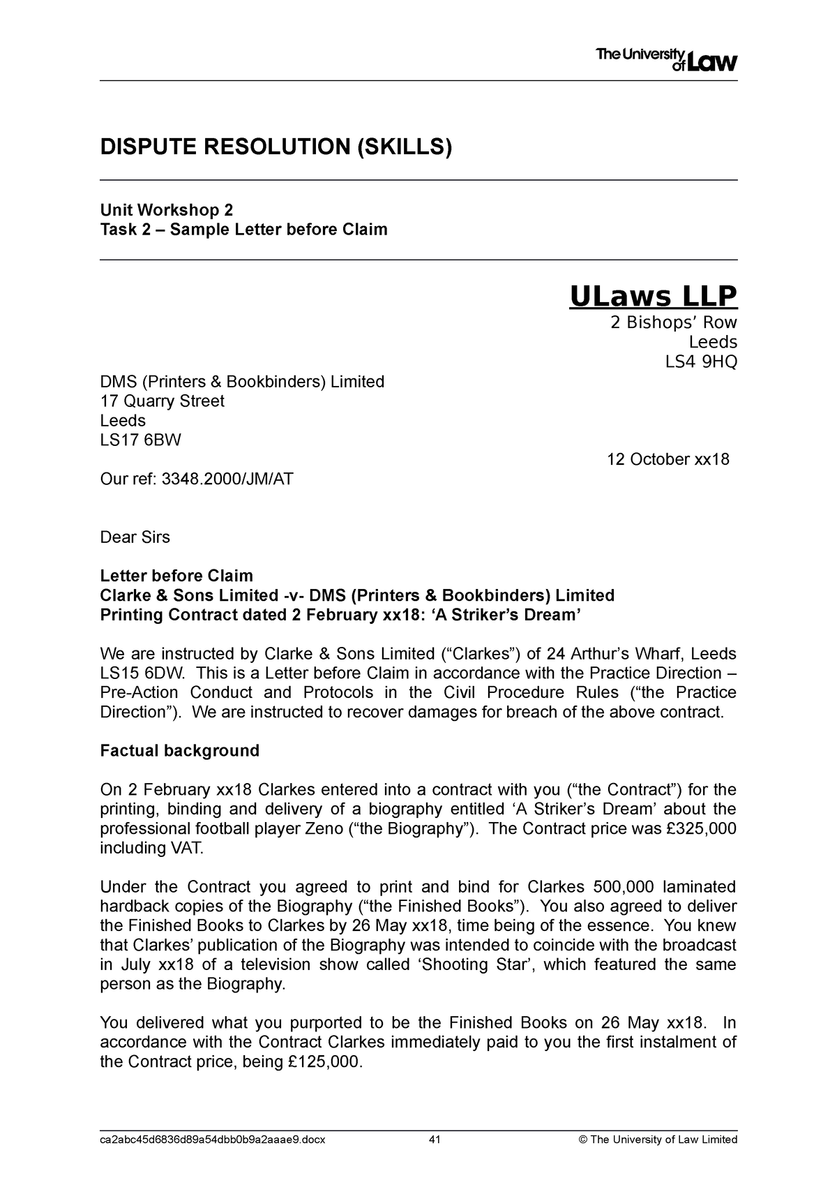 Letter Before Claim Dispute Resolution Skills Unit Workshop 2 Task 2 Sample Letter Before 6514