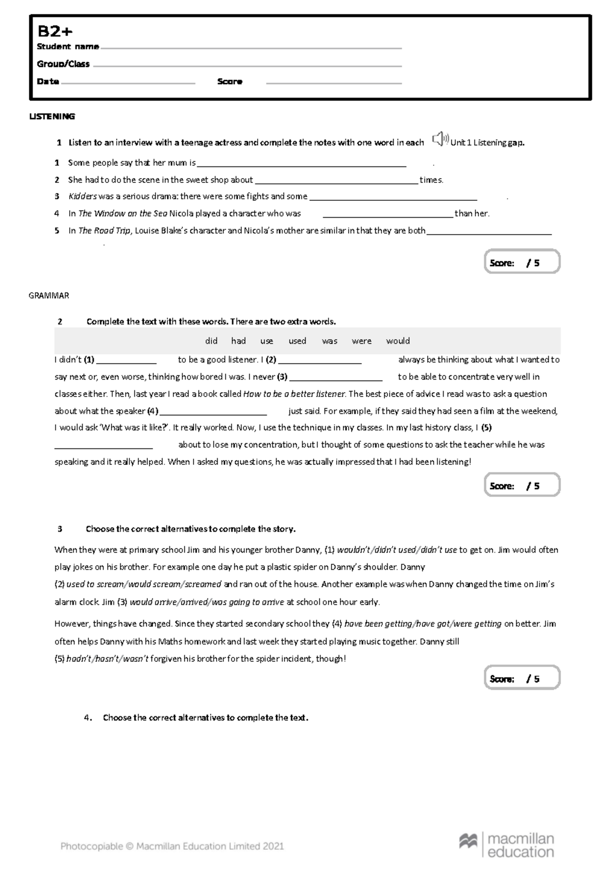 B2+ Test 1 - Student - 1 Listen to an interview with a teenage actress ...