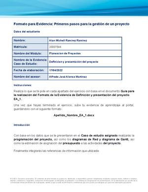 Planeación DE Proyectos EA2 - Formato Para Evidencia: Primeros Pasos ...