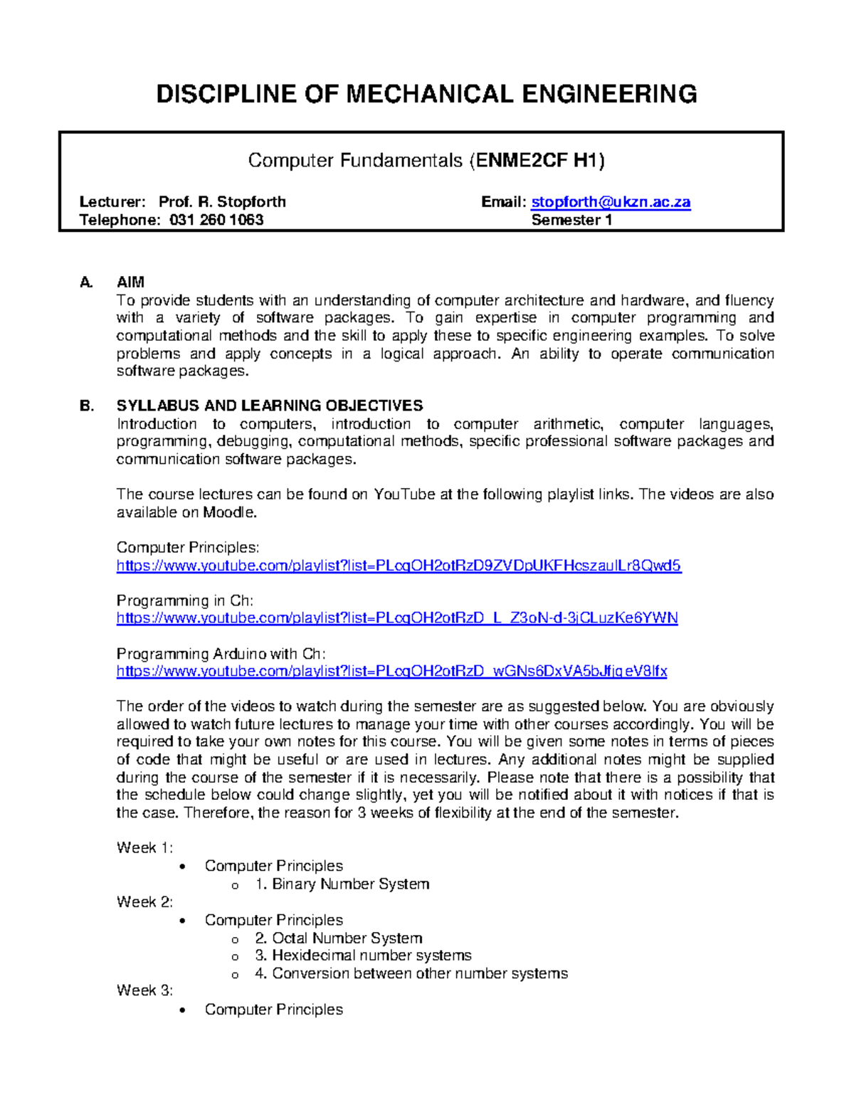 1. Course outline (2024) - DISCIPLINE OF MECHANICAL ENGINEERING ...