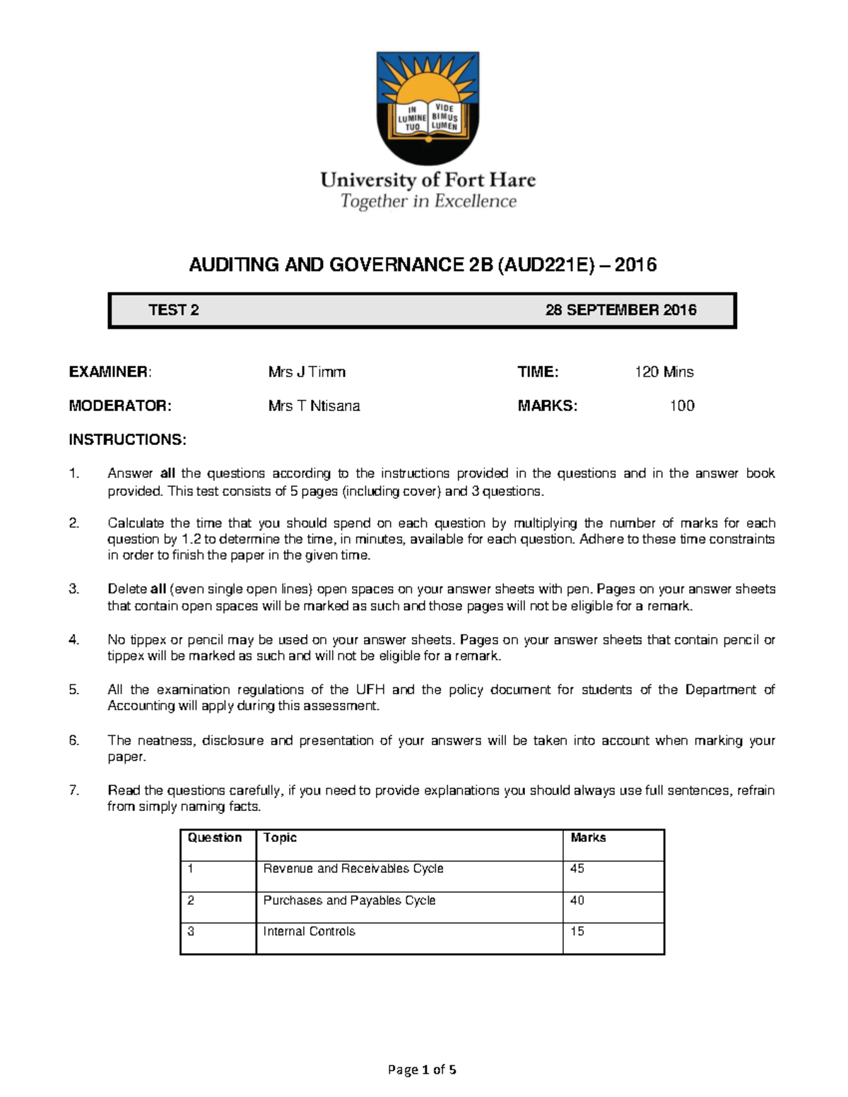 Test 2 AUD 2B - 28 September 2016 v2 - AUDITING AND GOVERNANCE 2B ...