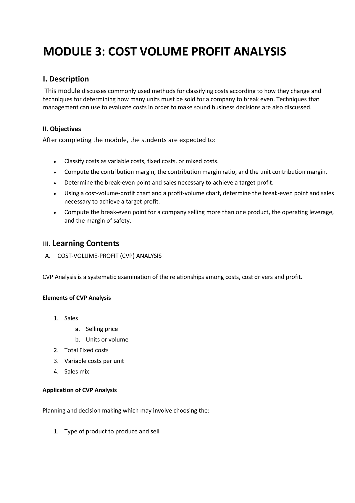 Module 3- CVP Analysis - For note taking - MODULE 3: COST VOLUME PROFIT ...