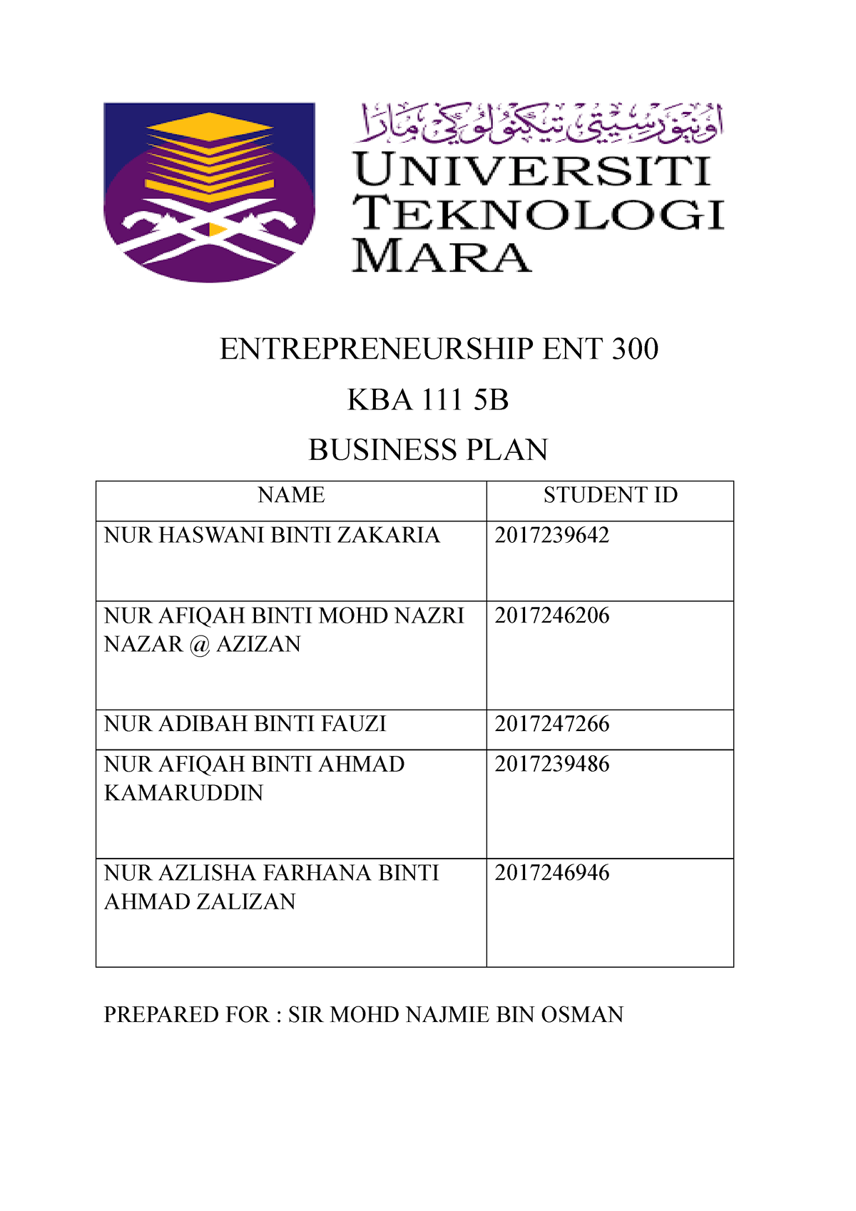 contoh business plan entrepreneurship