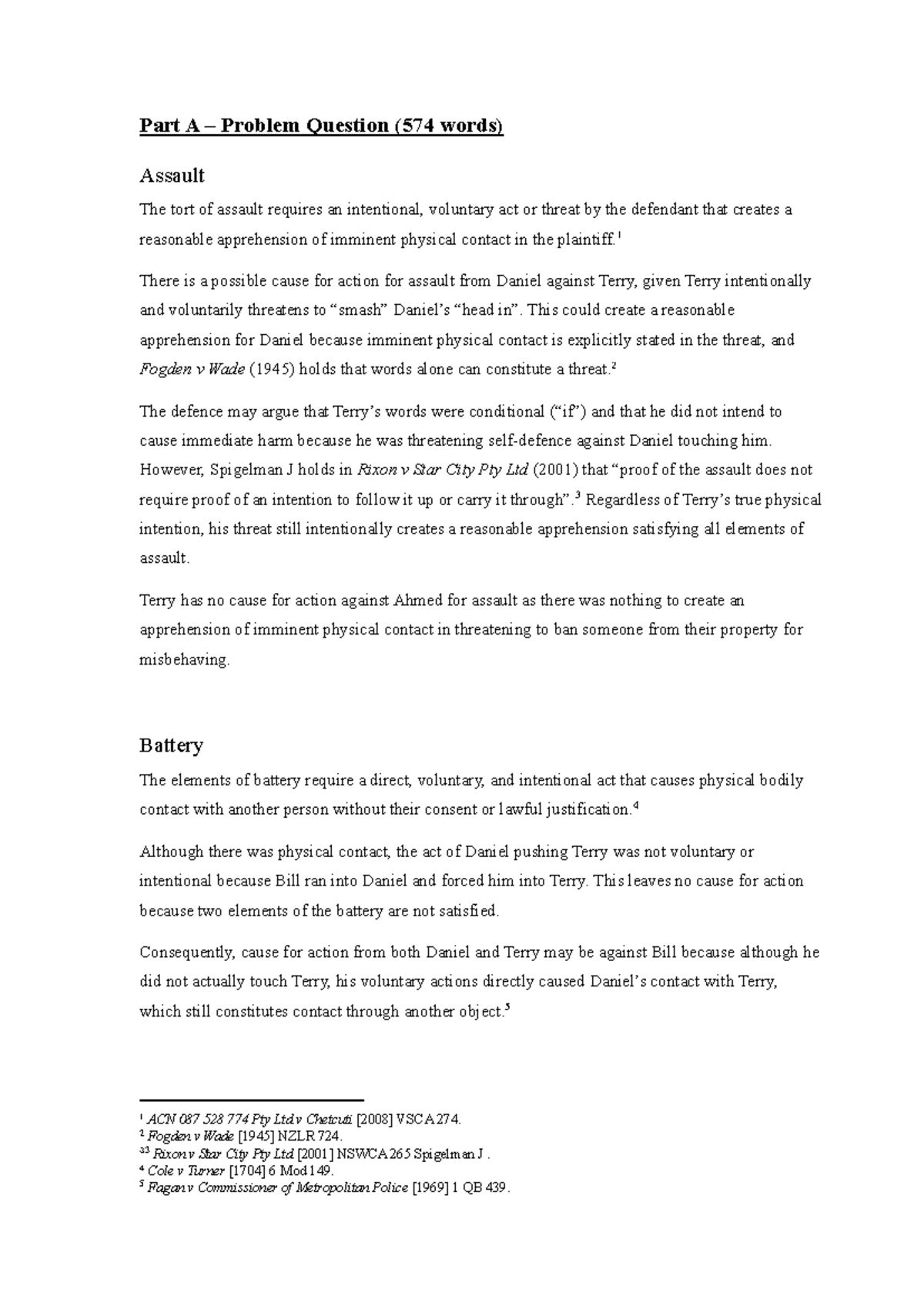 Intentional Torts Assignment - Part A – Problem Question ( 574 words ...