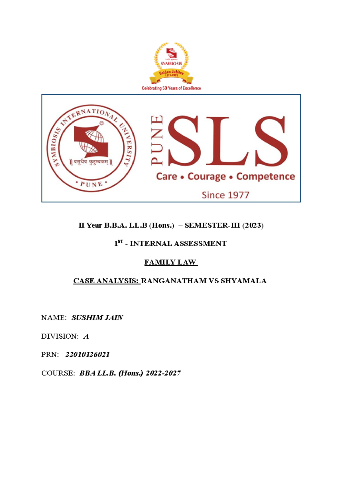 22010 126021 Family LAW 1st Internal - II Year B.B. LL (Hons ...