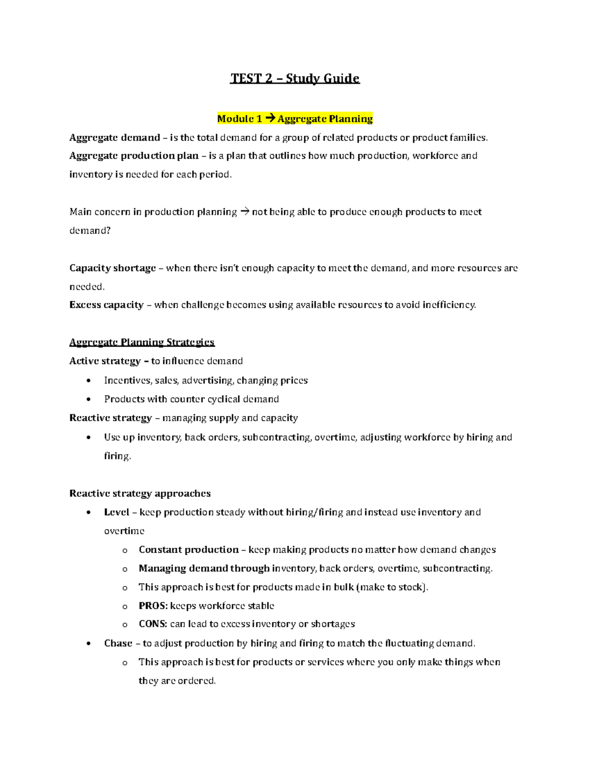 Test 2 Study guide - TEST 2 – Study Guide Module 1 à Aggregate Planning ...