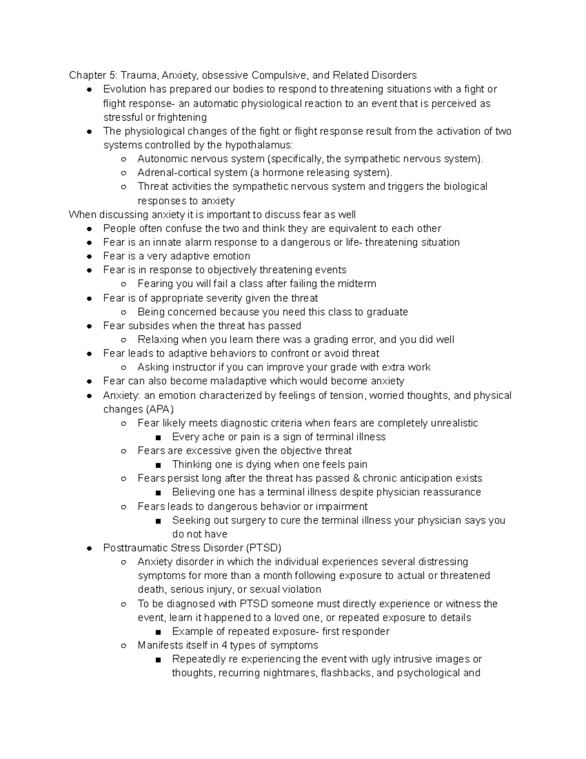Chapter 5 Notes Psych 254 - Chapter 5: Trauma, Anxiety, obsessive ...