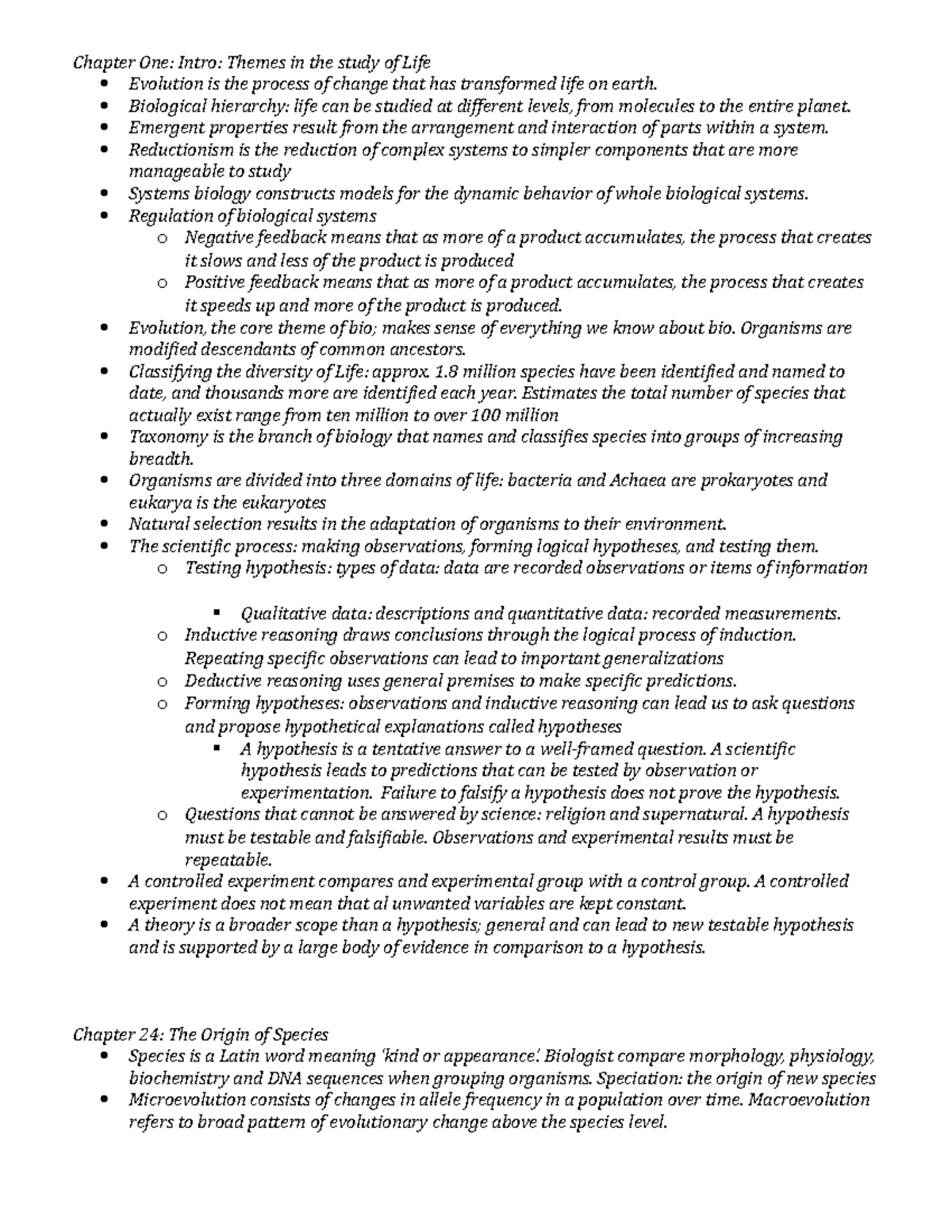 Bio exam one study guide - Chapter One: Intro: Themes in the study of ...