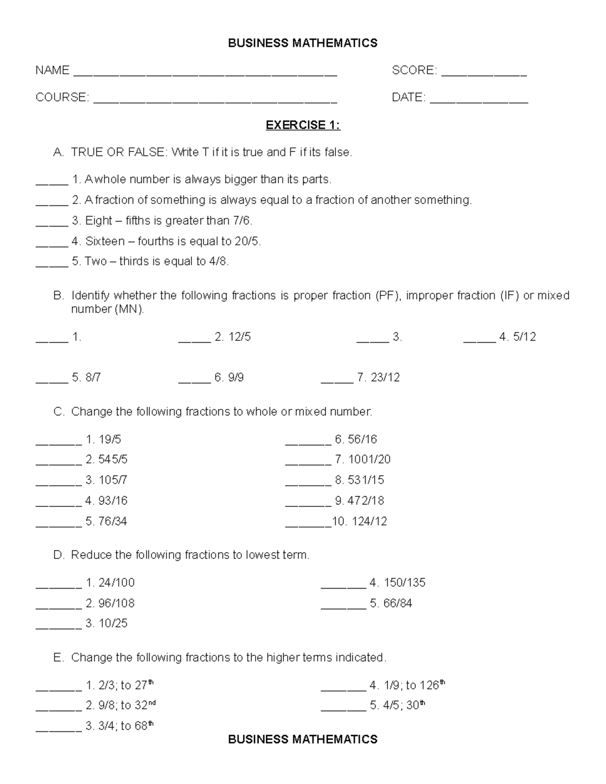 Business Mathematics seatwork - BUSINESS MATHEMATICS NAME