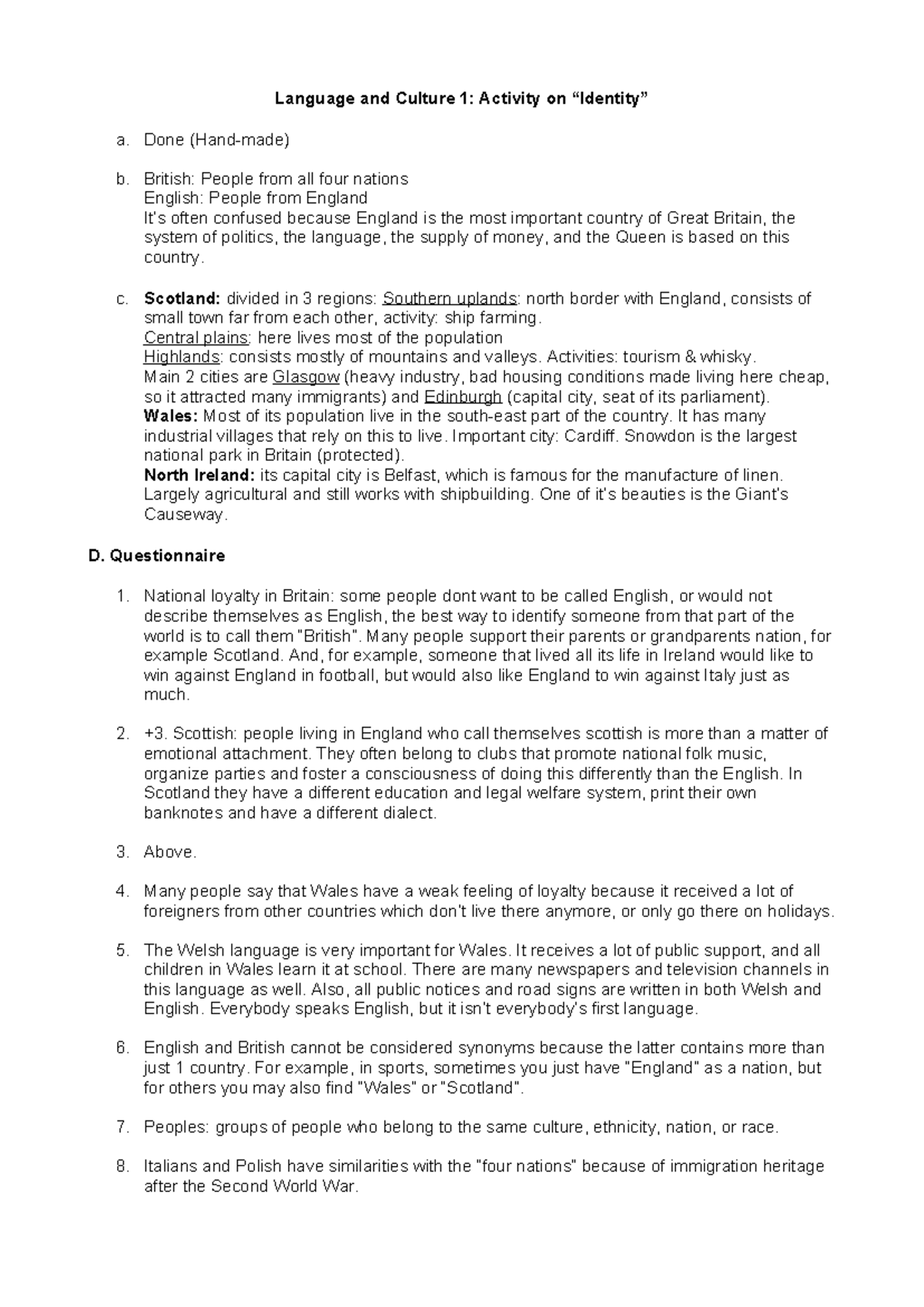 Historia - Resumen Identity Cuestionario - Language and Culture 1 ...