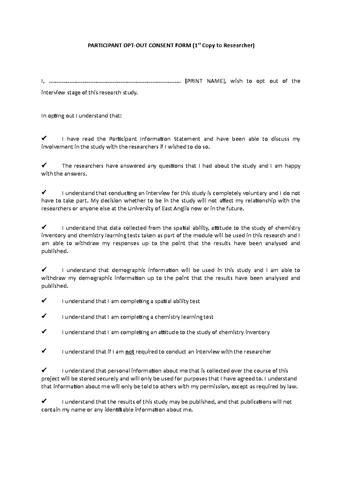 Participant Consent Form - PARTICIPANT OPT-OUT CONSENT FORM (1st Copy ...