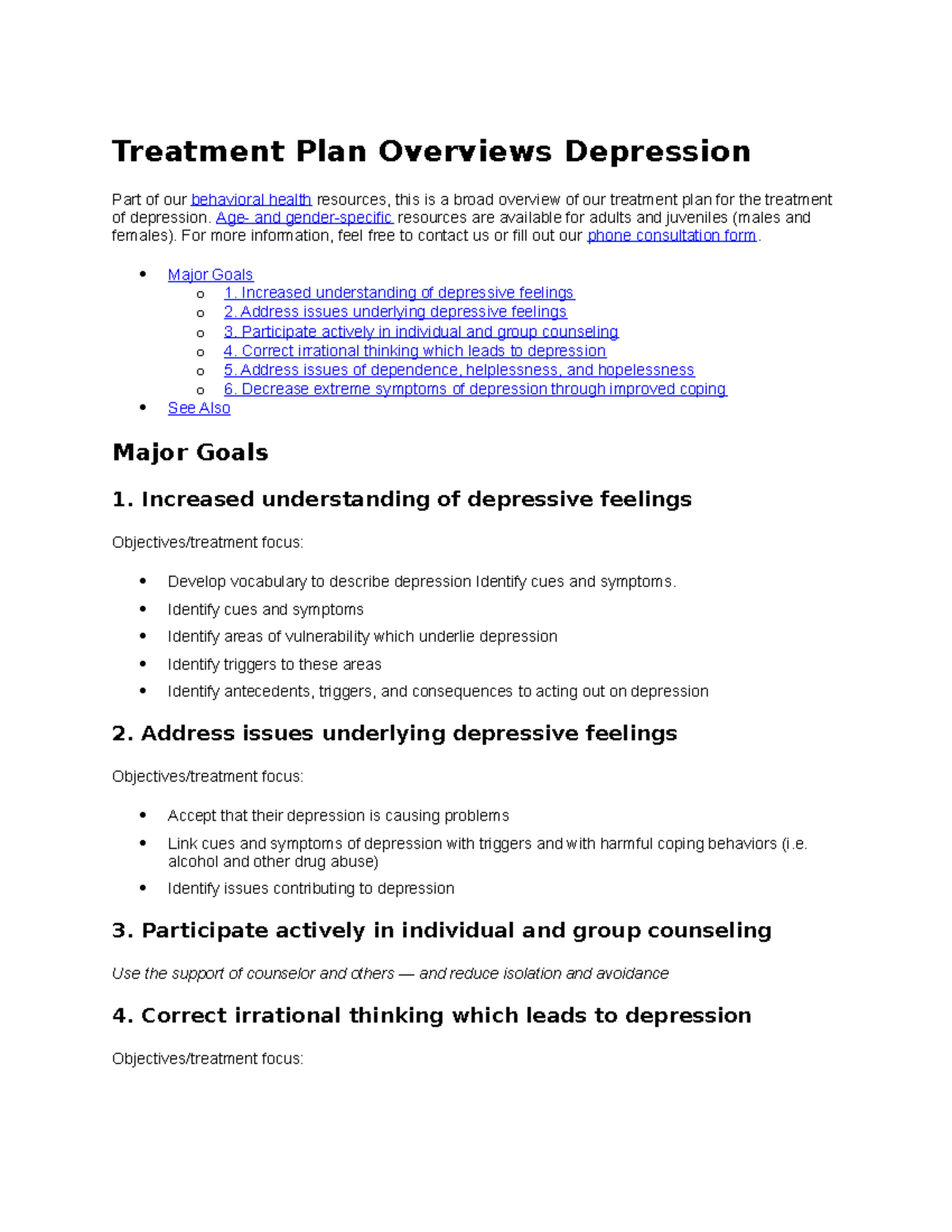 Treatment Plan Overviews Depression Age and genderspecific