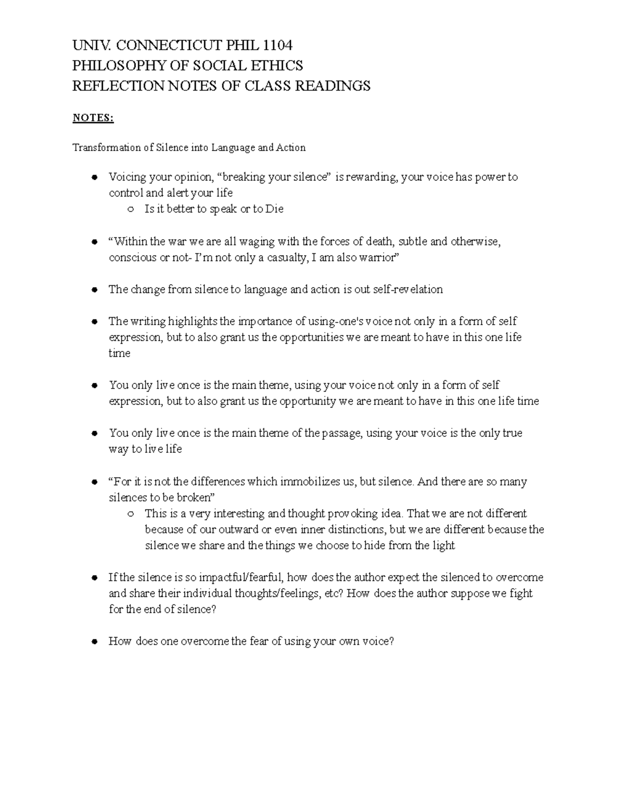 PHIL 1104 Reflection Notes (P2) - UNIV. CONNECTICUT PHIL 1104 ...
