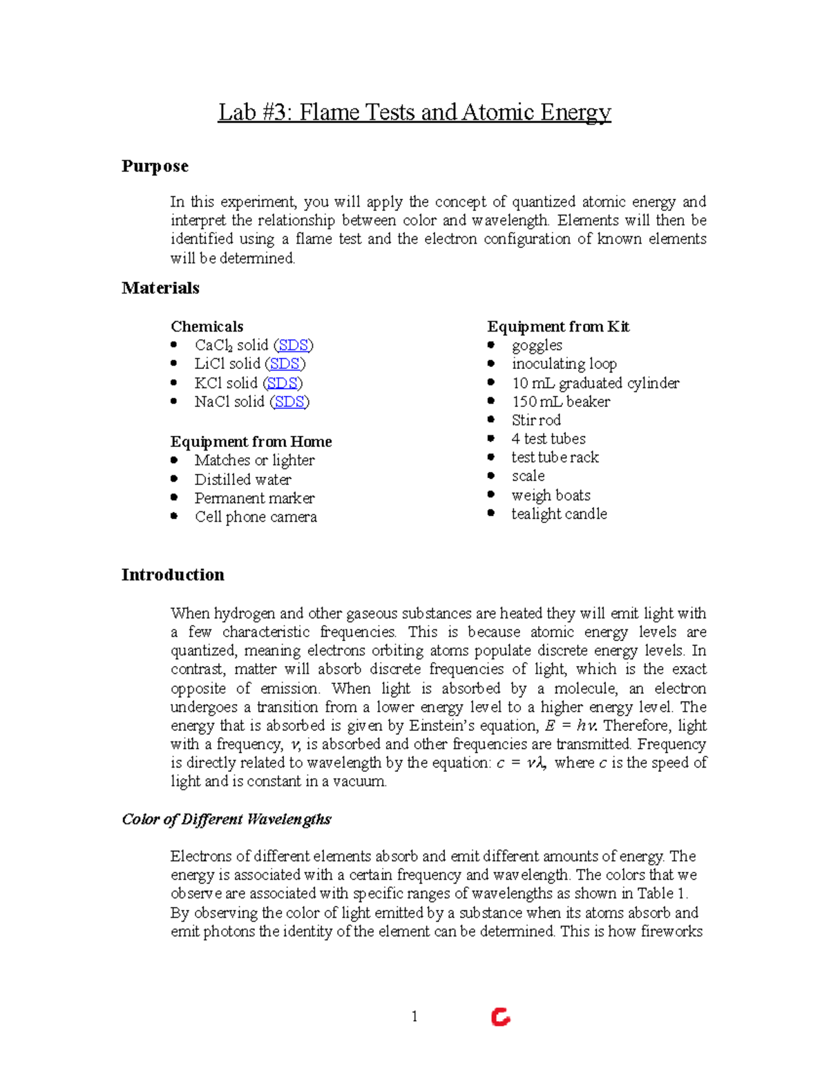 Chem Lab 3 chem lab work Lab 3 Flame Tests and Atomic Energy