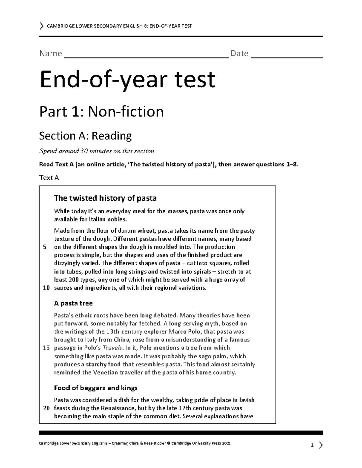 Cambridge year end of the year test - Name Date End-of-year test Part 1 ...