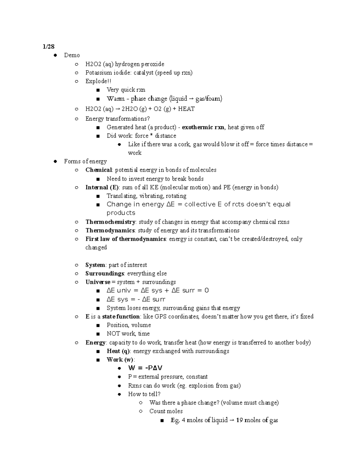 Thermochemistry General chemistry II notes 1/ Demo H2O2 (aq