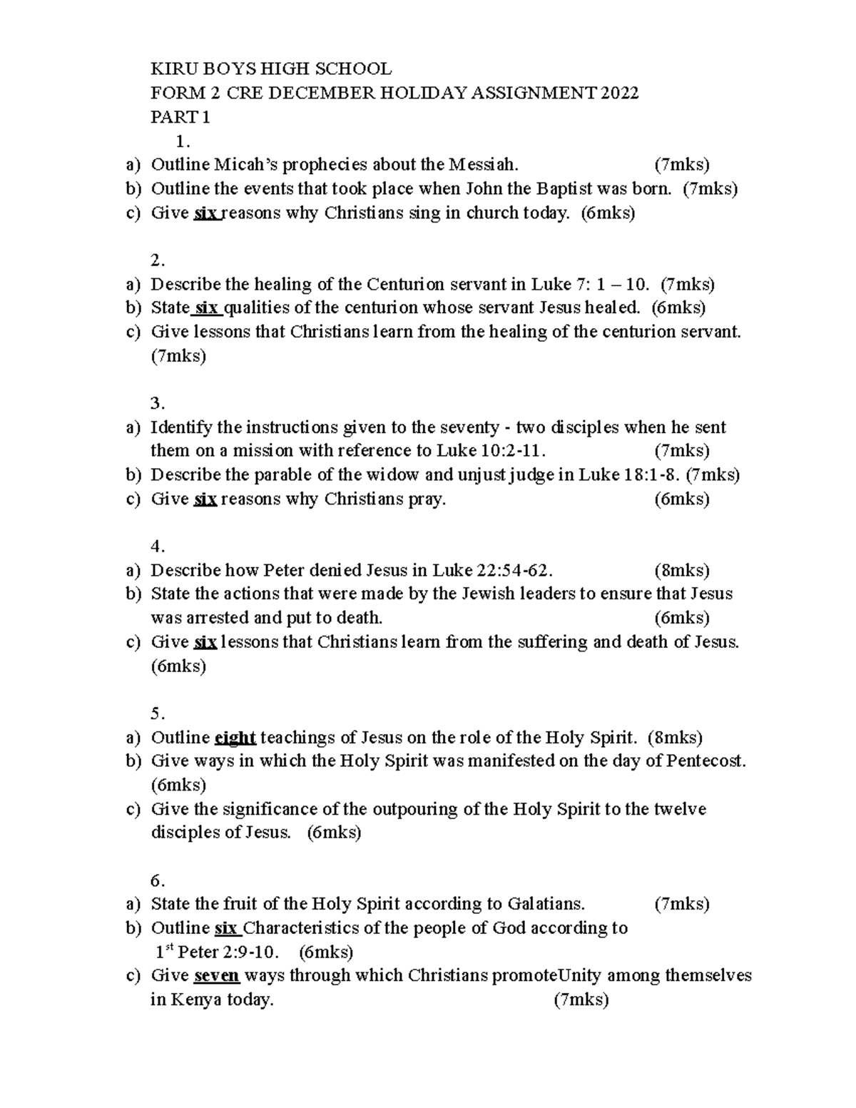 FORM 2 CRE - Humanities - KIRU BOYS HIGH SCHOOL FORM 2 CRE DECEMBER ...