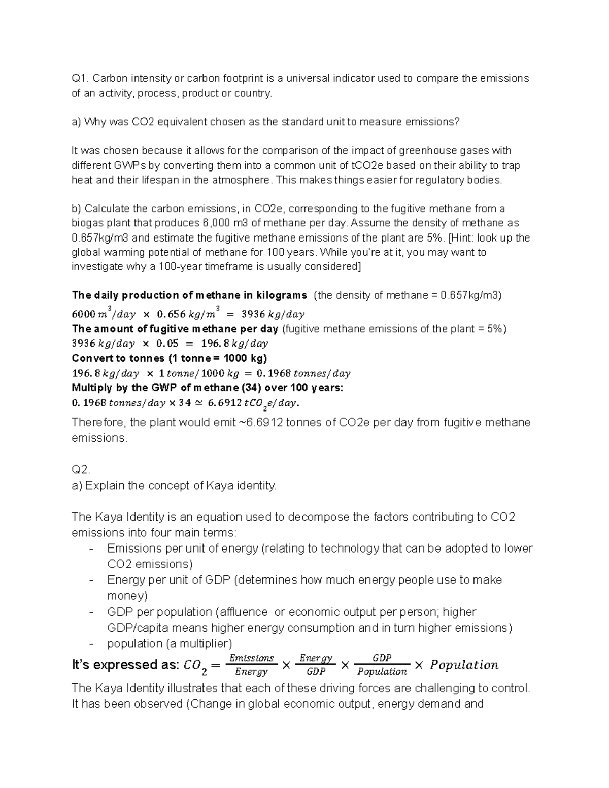 ENGG1500 Tutorial 8 - Q1. Carbon intensity or carbon footprint is a ...